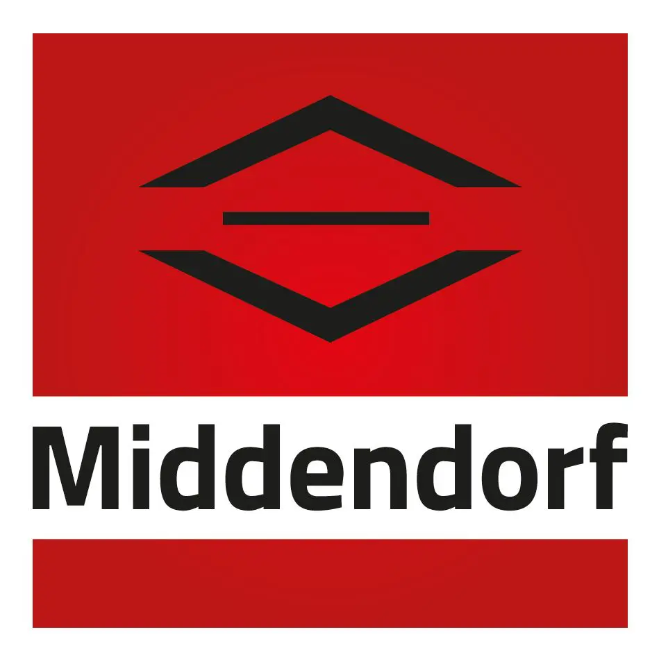 Middendorf Logo: Roter Hintergrund mit schwarzem Symbol und Schriftzug