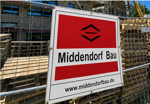 Bauschild mit Firmenlogo von Middendorf Bau an einem Bauzaun vor einem im Bau befindlichen Gebäude