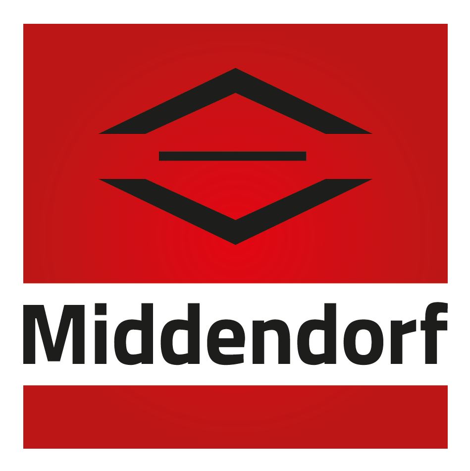 Middendorf Logo: Roter Hintergrund mit schwarzem Symbol und Schriftzug