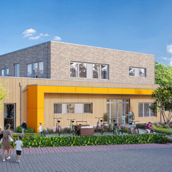 Architekturvisualisierung eines modernen Gebäudes mit Holzfassade, gelben Akzenten und spielenden Kindern im Außenbereich.