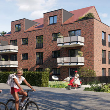 Visualisierung eines Mehrfamilienhauses im Middendorf-Bau-Stil mit Fahrrädern und Roller im Vordergrund.