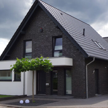 Referenz Hausbau: Modernes Einfamilienhaus mit dunklem Ziegel und Satteldach, Baum im Vorgarten.